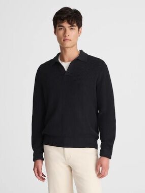 Madewell Cotton Shaker-Stitch Johnny-Collar Sweater Polo in Black Size M NW019